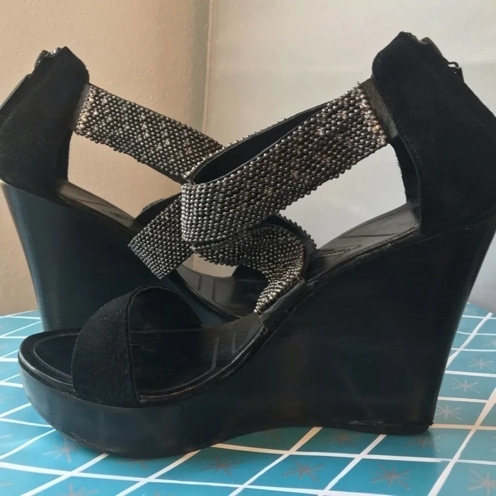 Matiko Black Suede Platform Wedge Sandal Platform Shoes Size 8